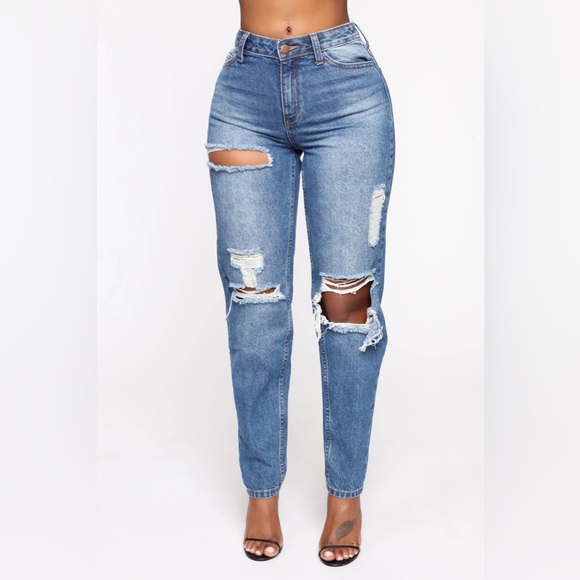 Fashion Nova - Kia Boyfriend Jeans - Medium Blue Wash - Size 5 - New - Picture 1 of 4